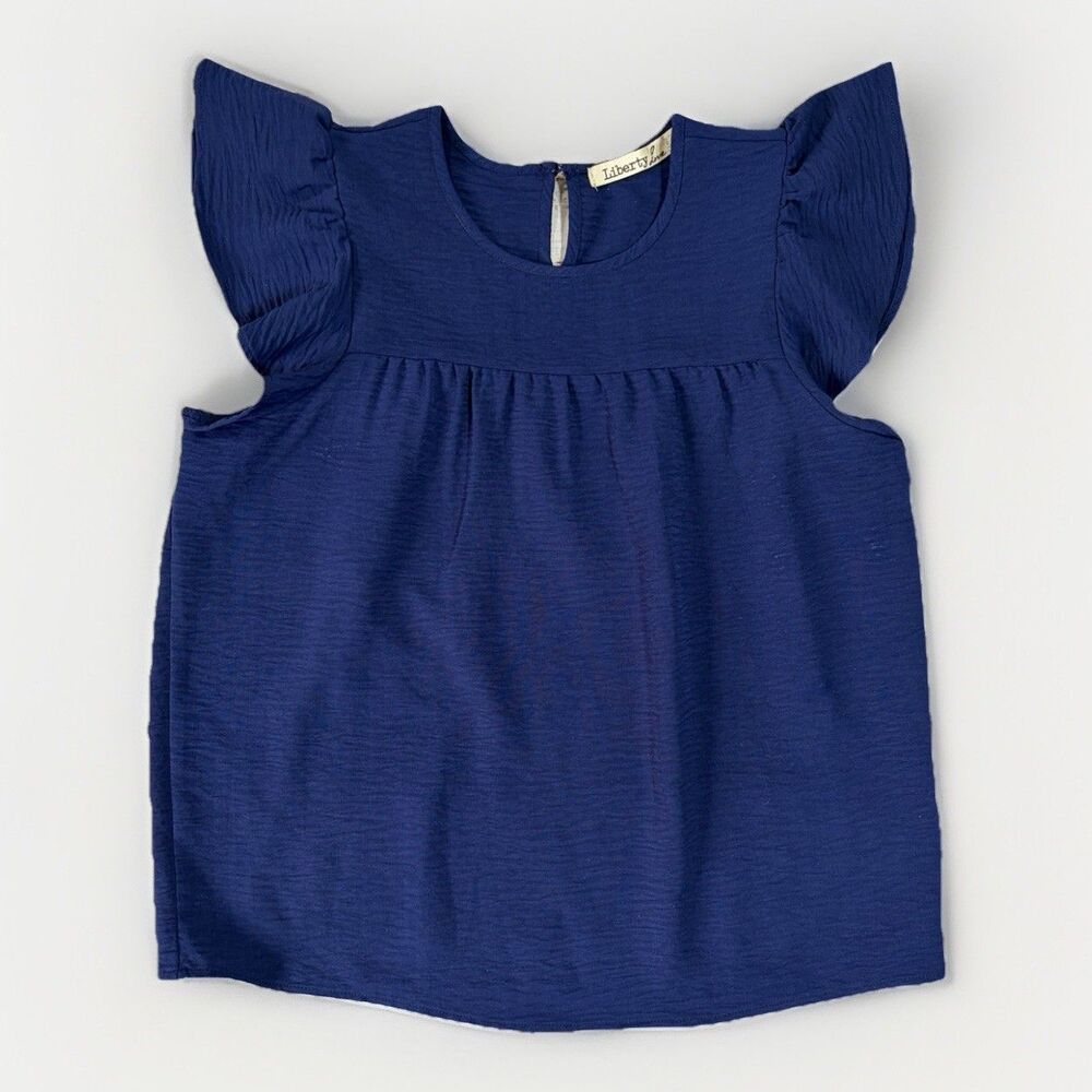 Liberty Love Navy Flutter Sleeve Blouse Women's Medium Button Keyhole Back